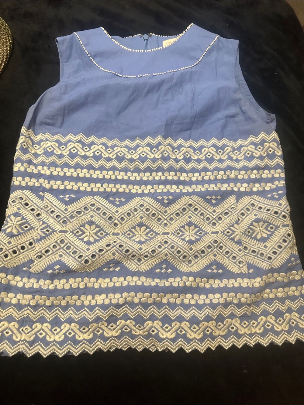 TORY BURCH Blue Sleeveless White Embroidered Women’s Top zip back Size 2